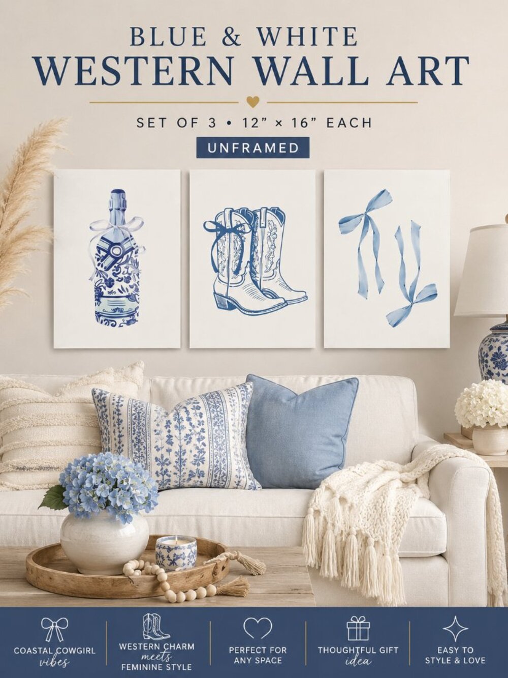 Set of 3 Blue White Western Wall Art Prints 12x16 Cowboy Boots Bow Unframed